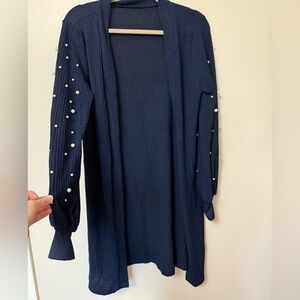 Pearl Embellished longline open front ribbed cotton blend Navy Cardigan